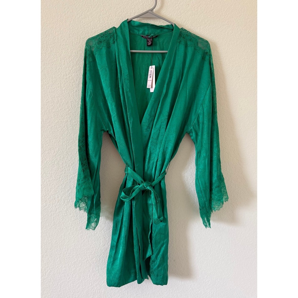 Victoria's Secret Emerald Green Satin Floral Jacquard Lace Trim Robe XS/S NWT